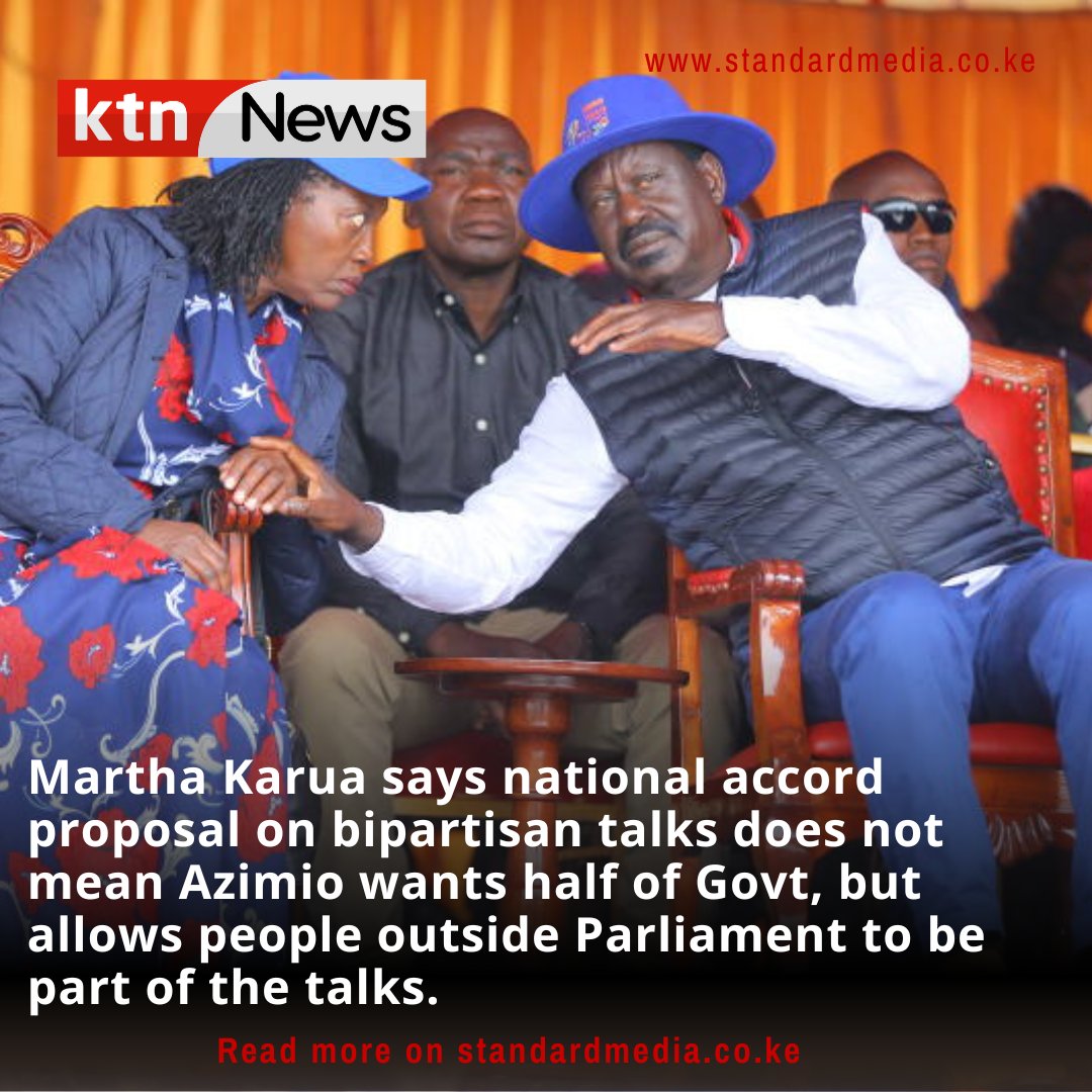 KTNNewsKE's tweet image. Martha Karua says the national accord proposal on bipartisan talks does not mean Azimio wants half of the government but allows people outside Parliament to be part of the talks.