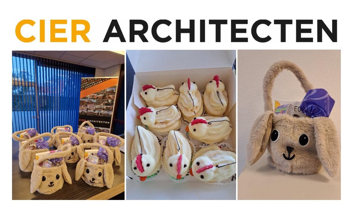 PASEN!
Wat een verwennerij bij <a href="/CierArchitecten/">CIER ARCHITECTEN</a> 
Alle collega's zijn getrakteerd op een paaskipgebakje en een leuk tasje met als inhoud chocolade lekkernijen.

WIJ WENSEN IEDEREEN FIJNE PAASDAGEN!