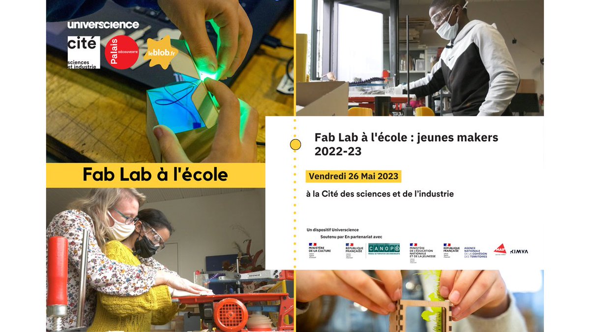 🗓️À vos agendas !
Rendez-vous le 26/05/2023 pour la première édition de l'événement "Fab Lab à l'école : jeunes makers".
À bientôt pour de nouvelles informations 🛠
- L'équipe <a href="/fablabalecole/">Fab Lab à l'école</a>
#eleves #makers #fablab