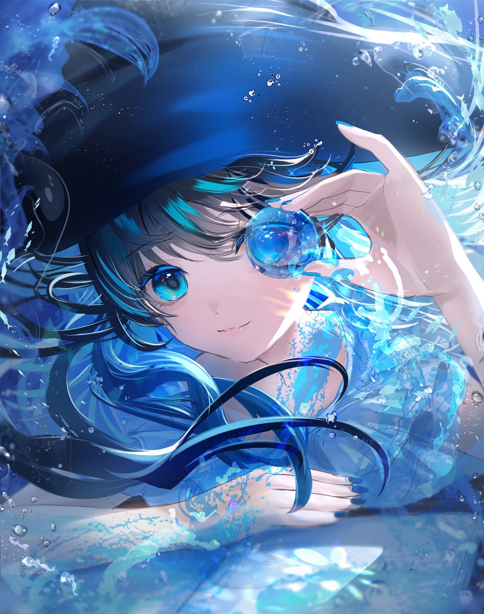 1girl solo blue eyes blue nails blue theme looking at viewer hat  illustration images