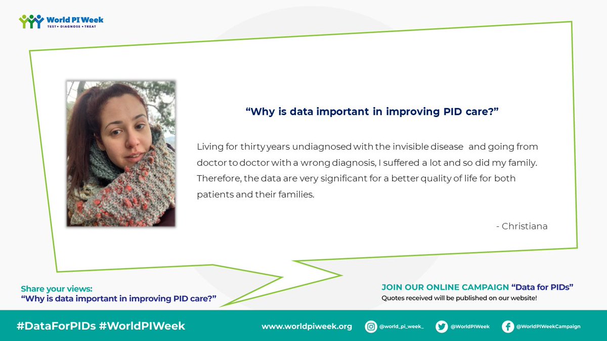 WorldPIWeek's tweet photo. We continue receiving your views through our #DataforPIDs online campaign!
For Christiana, data is very important for a better quality of life!
❓ Why do you think data is important in improving #PID care? Share with us now 👇 🔗https://t.co/AHoCZqSSTL https://t.co/sXdk4daeim