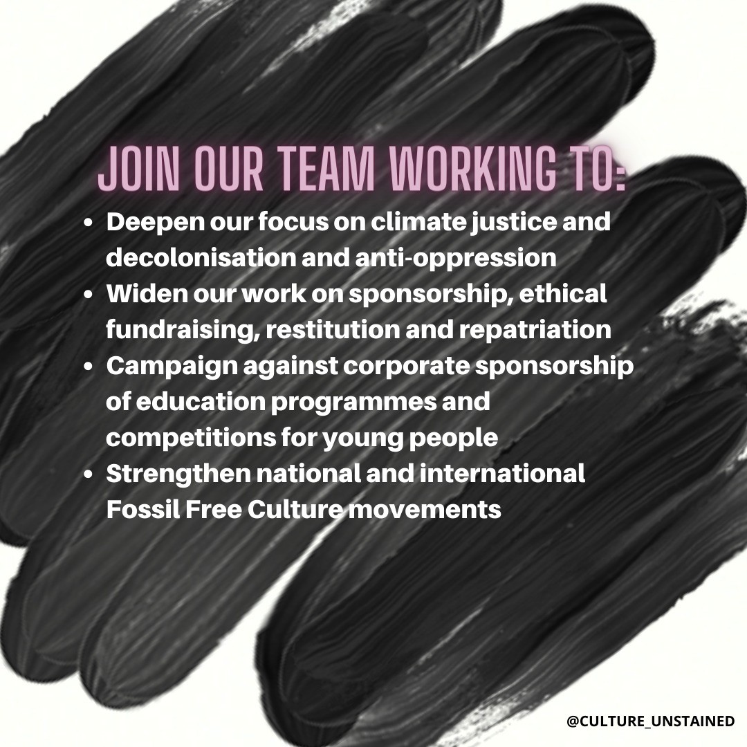 Love culture, hate fossil fuels? ❤️🛢️Join our team! We're looking for some one to work on our #FossilFreeCulture campaigning, whilst co-leading our non-hierarchical workers' cooperative. Sounds like you? Details and to apply by 16 April: cultureunstained.org/recruitment/