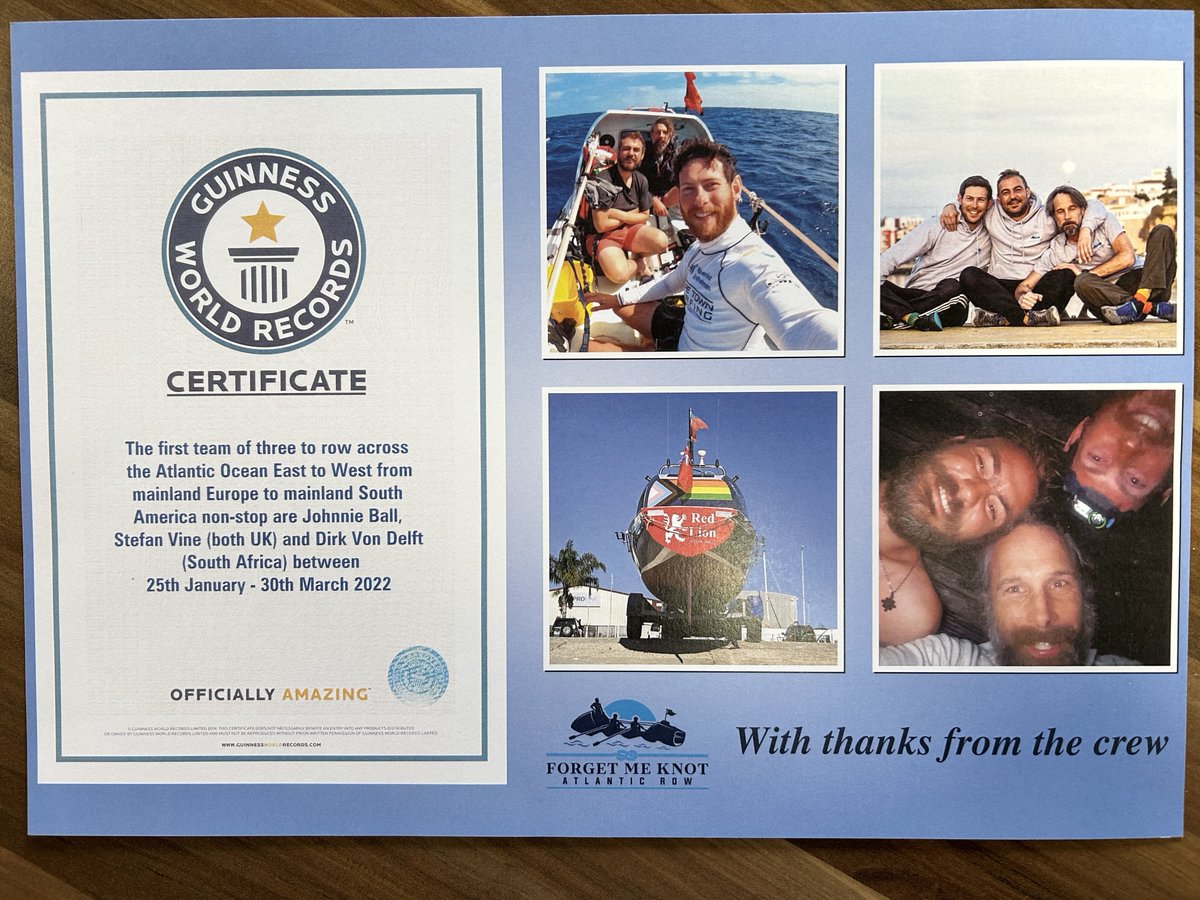 We're proud to have supported Stefan Vine and his friends in their record-breaking row across the Atlantic Ocean, raising over £80k for the Forget Me Not charity last year.

Congratulations to them on their Guinness World Record certificate!

Donate via the link in our bio!
