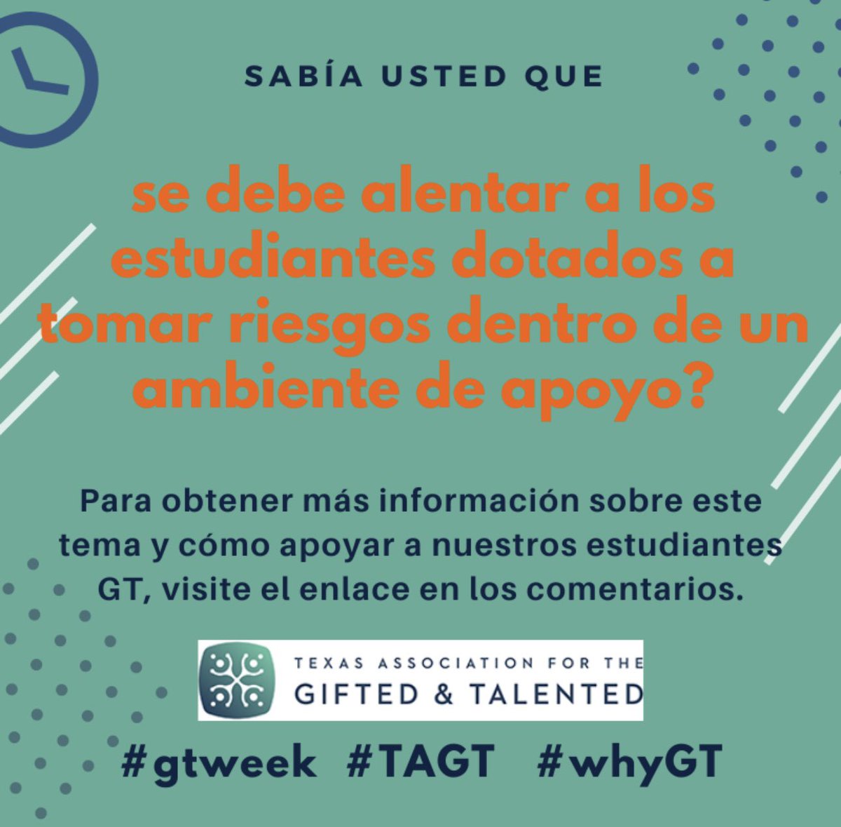 TimberLakesElem's tweet image. Because gifted students often do well with relative ease, they do not have as many encounters with failure. Teachers and parents must understand this dynamic to “spot” their students with opportunities for supported risk.
#GTweek   #TAGT    #whyGT
