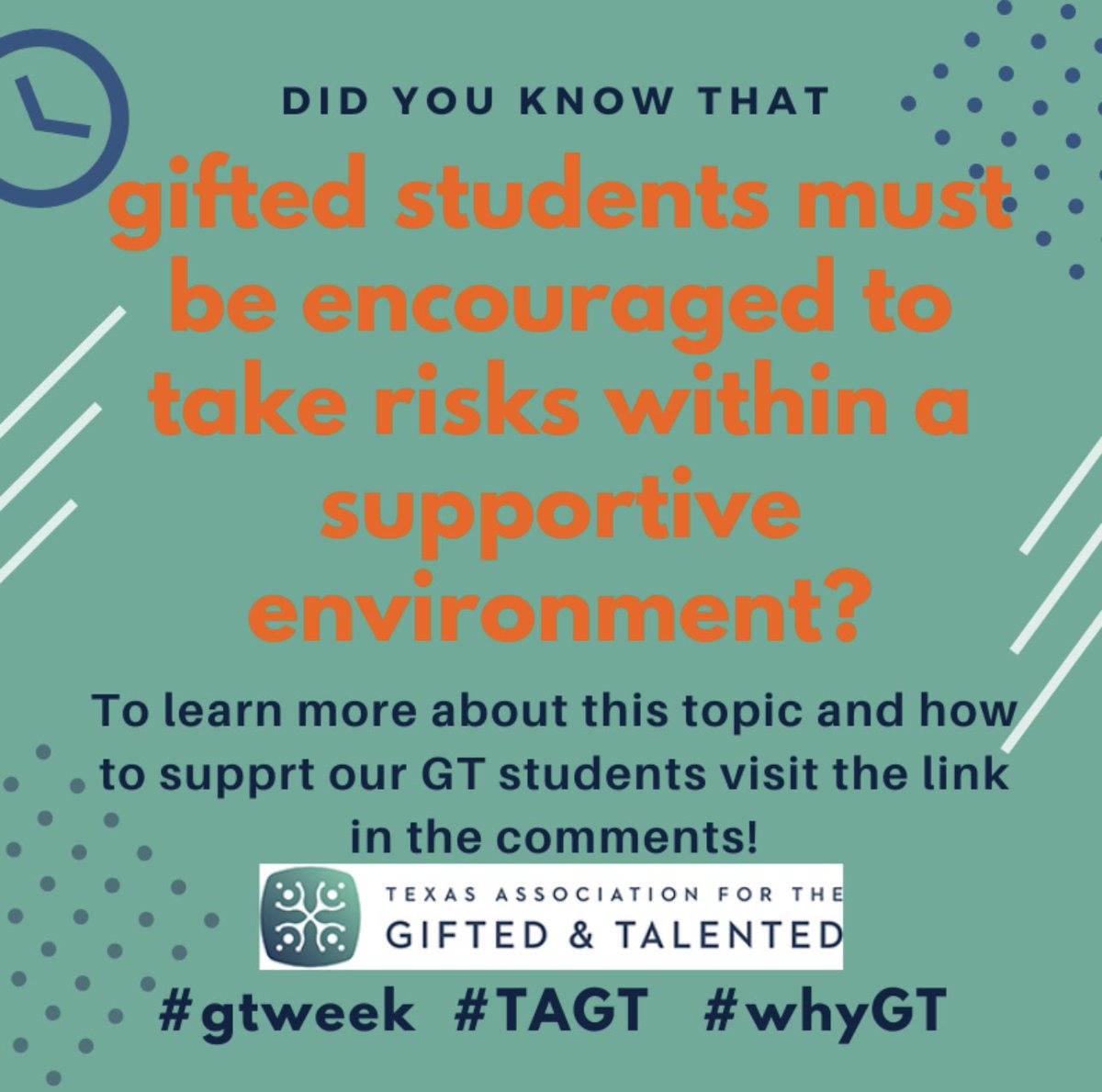 TimberLakesElem's tweet image. Because gifted students often do well with relative ease, they do not have as many encounters with failure. Teachers and parents must understand this dynamic to “spot” their students with opportunities for supported risk.
#GTweek   #TAGT    #whyGT