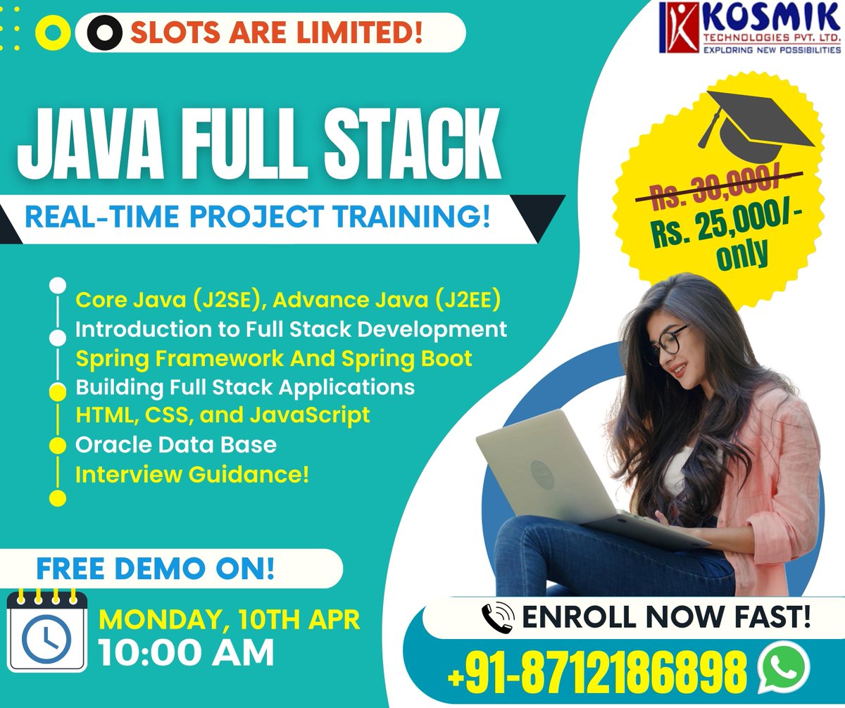 Kosmikteck's tweet image. ✍️Enroll Now: bit.ly/2KKDgEO
👉Attend a Free Demo On Java Fullstack By Mr.
Srikanth
📅Demo on: 10th April@ 10:00 AM (IST)
📧: kosmiktechnologies@gmail.com | 📲: +91-8712186898 #javafullstack #JAVAFullstackonlinetraining #javaprogramming #javascriptdeveloper #JAVAOnline
