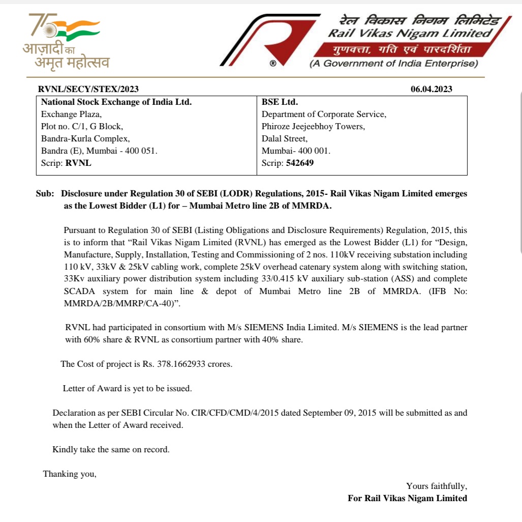 MarketVedantA's tweet photo. RVNL emerges as L1 for Mumbai Metro Line 2B Project of Mumbai Metropolitan Region Development Authority (MMRDA) worth ₹380 cr
#RVNL #emerges #L1 #MumbaiMetroLine #2BProject #MumbaiMetropolitanRegionDevelopmentAuthority #MMRDA https://t.co/wTFzXvtECQ