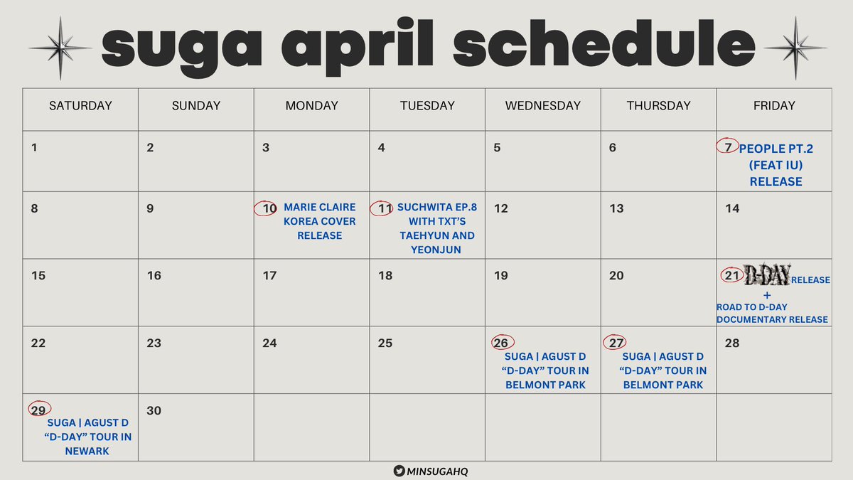 MINSUGAHQ's tweet photo. SUGA APRIL SCHEDULE

April 7 — People pt.2 (Feat IU) release
April 10 — Marie Claire Korea cover release
April 11 — Suchwita EP.8
April 21 — D-DAY Album Release
April 21 — “Road to D-Day” documentary release
April 26 — “D-DAY” tour will officially kick off

APRIL IS FOR AGUST D https://t.co/PCMXF6BVIh