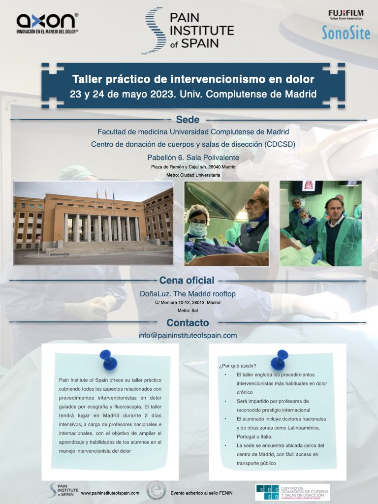 pios_institute's tweet photo. Taller práctico de intervencionismo en dolor. Programa definitivo👌 con profesores internacionales 🇪🇸 🇲🇽 🇨🇴 🇵🇪 🇮🇳 
Nos vemos el 23 y 24 de mayo en #madrid #ucm #cdcsd #pios #fuloroscopia #ultrasonidos #dolorcronico #handsonworkshop https://t.co/MagLIe21WE