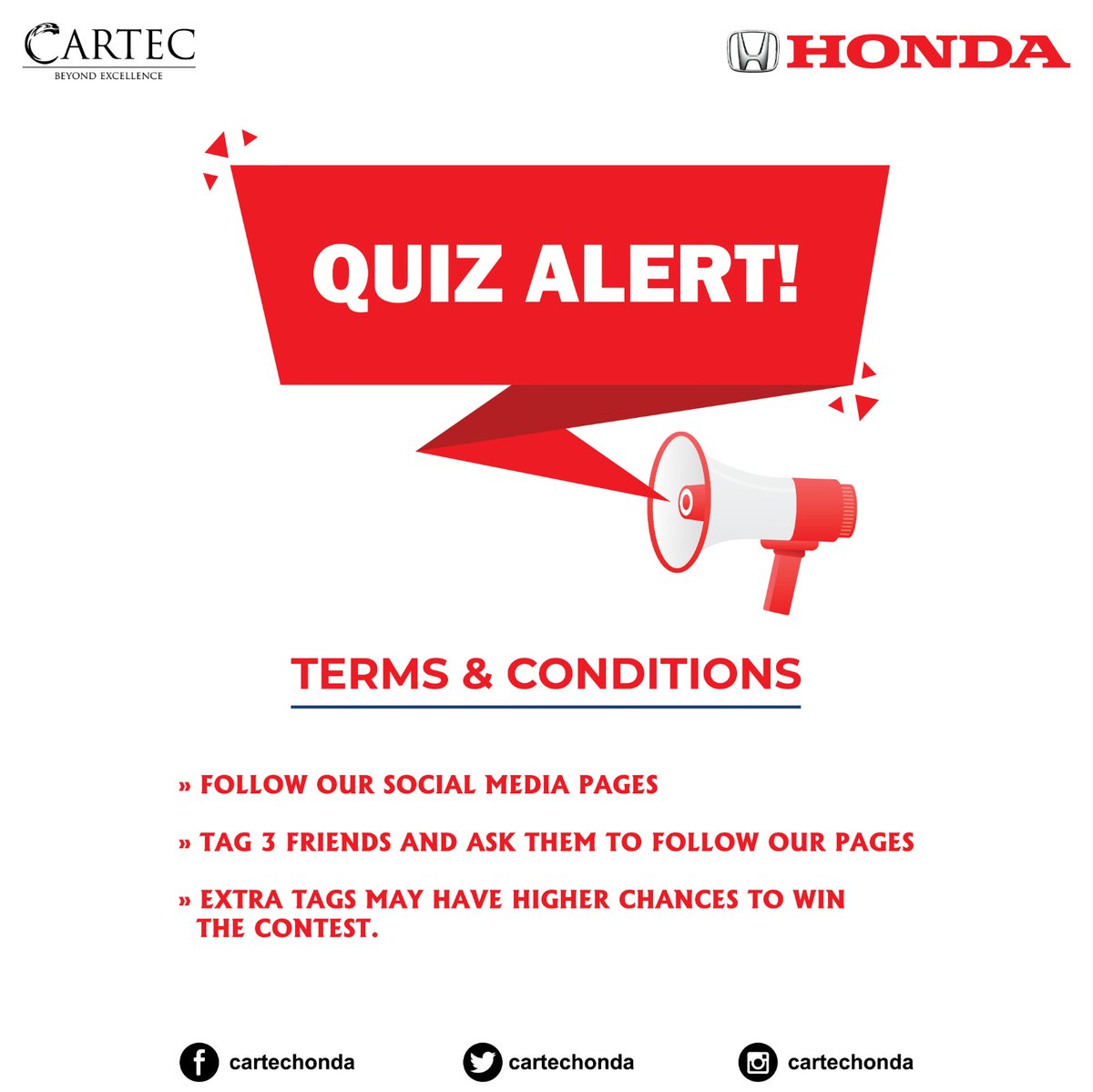 CartecHonda's tweet photo. Participate and prove to us that you are a true Honda fan! Stand a chance to win exciting prizes. Please read the rules of the Quiz contest. Good luck!
#ConceptGroup #BeyondExellence #QuizAlert #Contest #ContestAlert #Giveaway #quiztime #rules #termsandcondition https://t.co/urcqA3asZH