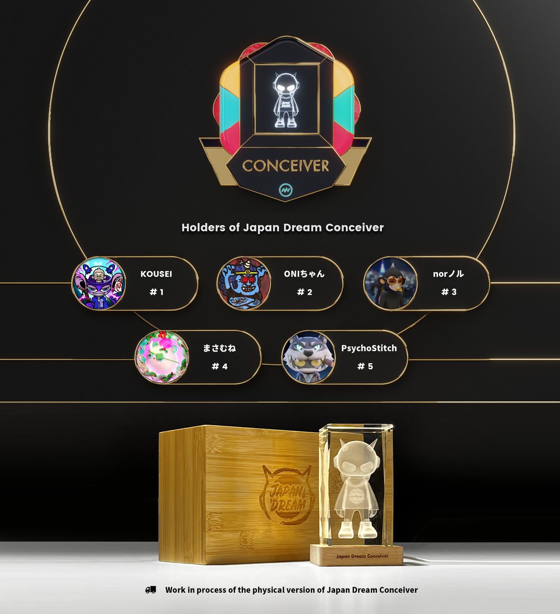 🥳We're so excited to announce the first 5 🚀Japan Dream Conceivers 🚀, who have collected 24+ Onimaru NFTs of the #JapanDreamCollection❗️

この度🥳Japan Dream Collectionの24以上のOnimaru NFTを収集した最初の5人の🚀Japan Dream Conceivers🚀を発表致します❗️

<a href="/KzcHArt/">KOUSEI | START Land Founder CEO</a>
<a href="/oni_cyan_nft/">ONIちゃん👹喋るケーキ屋</a>