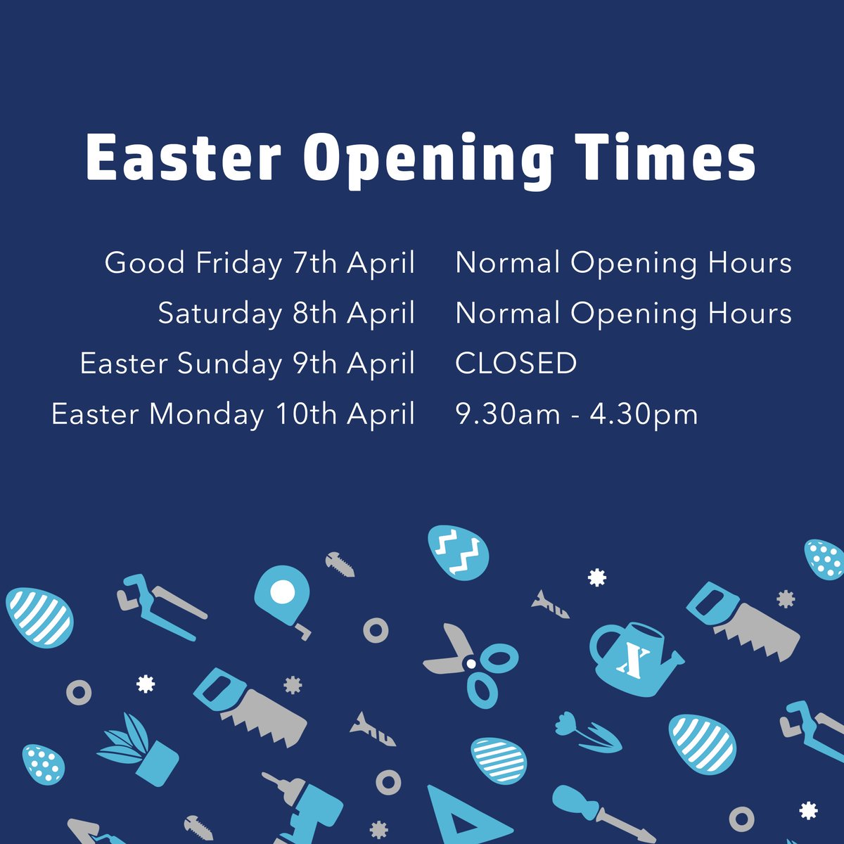 InExcessUK's tweet photo. Almost the long weekend!
Remember that all of our stores are closed on Easter Sunday but open otherwise for all your bank holiday needs!🤩

#bankholiday #easter #easterholidays #eastersunday #spring #hampshire #wiltshire #dorset #gardencentre #hardwarestore #shopping #halfterm https://t.co/rfaNw9CG4R
