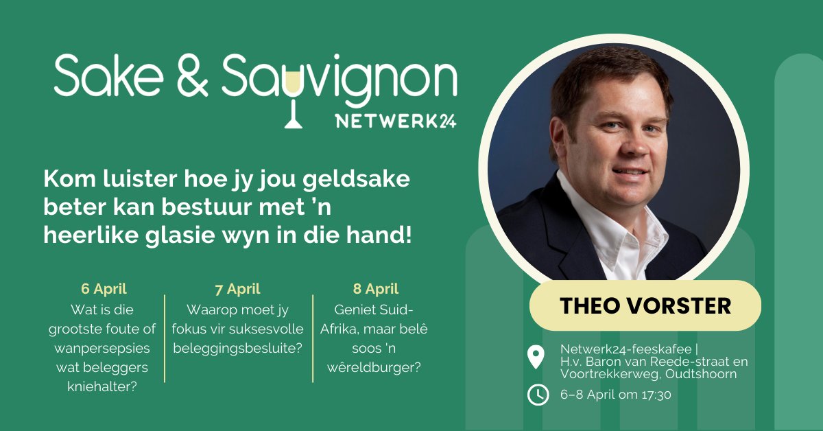 Sakegesprek_'s tweet photo. Is jy vandag by KKNK? 

Gaan geniet ‘n heerlike glasie wyn by Sake en Sauvignon, saam met Theo Vorster, om te hoor oor die grootste foute of wanpersepsies wat beleggers kniehalter. 

17:30 by die Netwerk24-feeskafee. https://t.co/kmkRvG66or