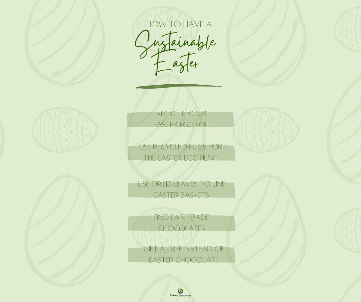 EtikwayF's tweet photo. 5 ways to have a sustainable easter 🐣🪺
#etikway #etikwayfoudation #smallbusiness #flowers #easter #nature #easterweekend #april #egg #holiday #easteregghunt #supportsmallbusiness #spring #family #sustainability #sustainable #reusereducerecycle #enviroment #fairtradechocolates https://t.co/LM0qHtVZra