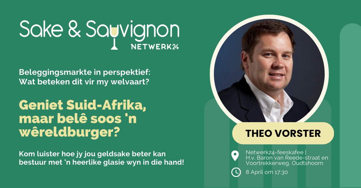 Sakegesprek_'s tweet photo. Kom luister hoe jy jou geldsake beter kan bestuur, met ‘n heerlike glasie wyn in die hand.

Sake en Sauvignon, saam met Theo Vorster, kyk vandag na internasionale beleggings.

17:30 by die KKNK Netwerk24-feeskafee. https://t.co/vEtzYJ1Vkw