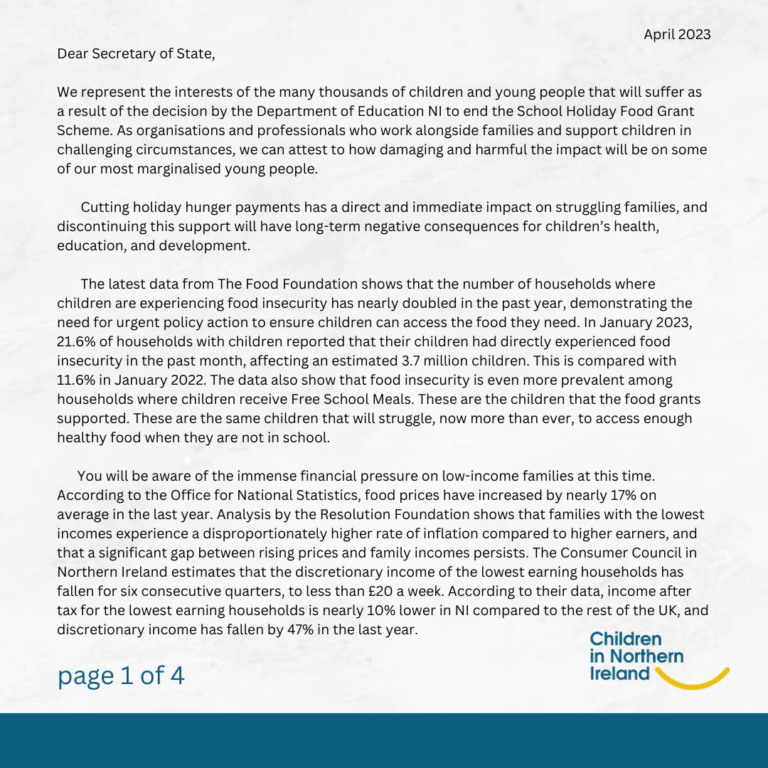ChildreninNI's tweet image. Dear @chhcalling, a large cross-section of civil society in NI has spoken(100+ organisations/experts). Now we need you to act. Read our open letter. Restore the School Holiday Food Grant. #EndHolidayHunger @NIOgov @moneillsf @J_Donaldson_MP @naomi_long @BeattieDoug @columeastwood