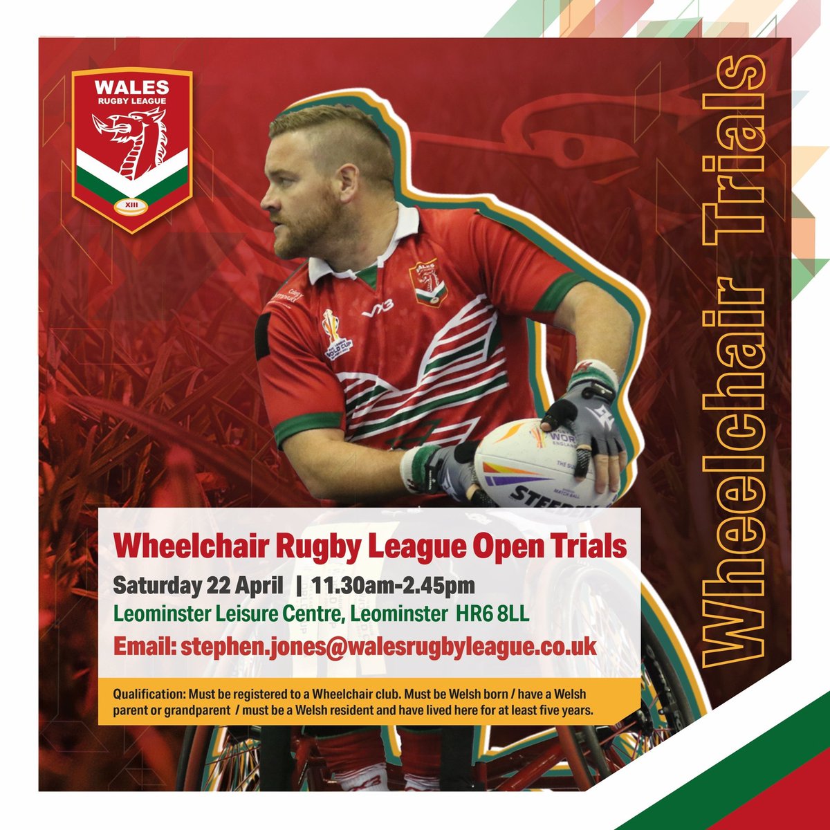 Wales Wheelchair Rugby League Trials | Treialon Rygbi'r Gynghrair Cymru Cadair Olwyn🏴󠁧󠁢󠁷󠁬󠁳󠁿

Are you Welsh qualified and playing Wheelchair Rugby League? Why not trial for the #CymruRL
@intRL side.  See the details below and click on the link to register...

wrl.wales/play-wheelchai…