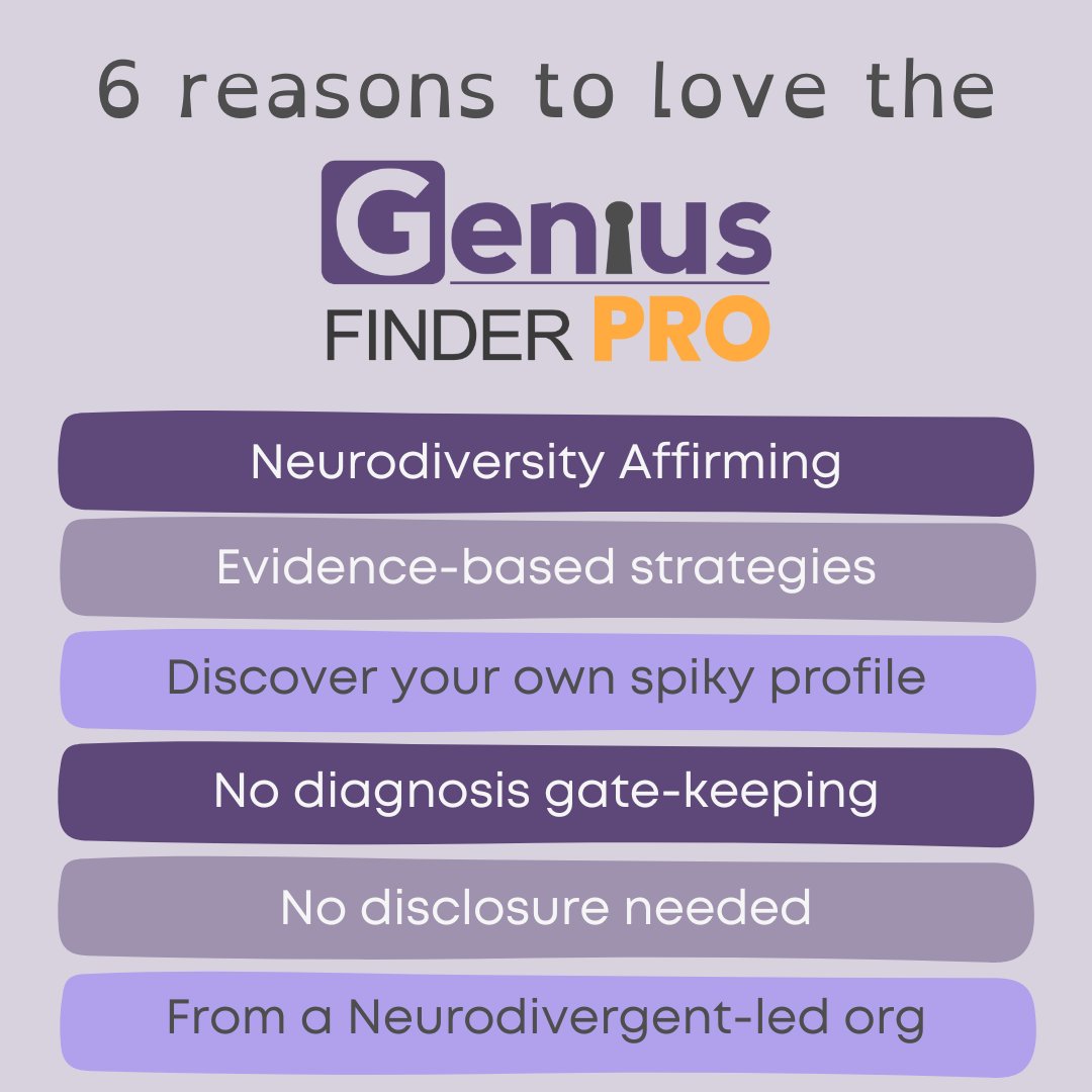 We present you with 6 reasons to love our new workplace tool the #GeniusFinderPro 

Find out more 👉geniuswithin.org/our-services/g…

#NeurodiversityAtWork #CareerSupport #HumanResources #ManagementTools #PlayToYourStrengths #ToolsForSuccess #Neurodiversity #NeurodiversityInBusiness