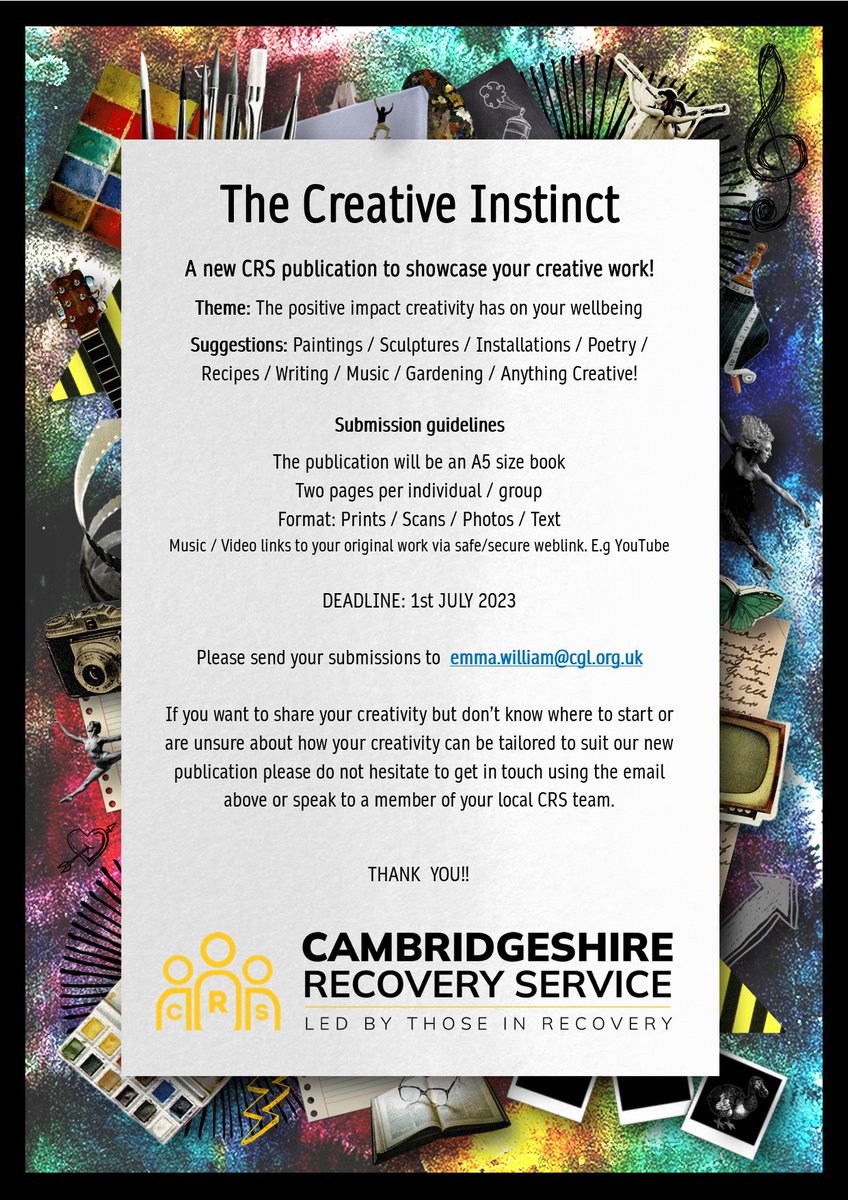 SUNnetworkCambs's tweet image. Contact Emma to contribute to The Creative Instinct. More detailed instructions for submission here @cambsrecovery #CreativeFenland @camcreate @IlluminateCambs @theEDGEcafe #CreativityForWellbeing #CreativeRecovery