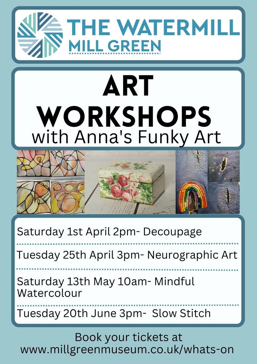 Art Workshops at Mill Green Museum 🎨
Come along and try something new ✨
To book tickets please follow the link: millgreenmuseum.co.uk/whats-on/