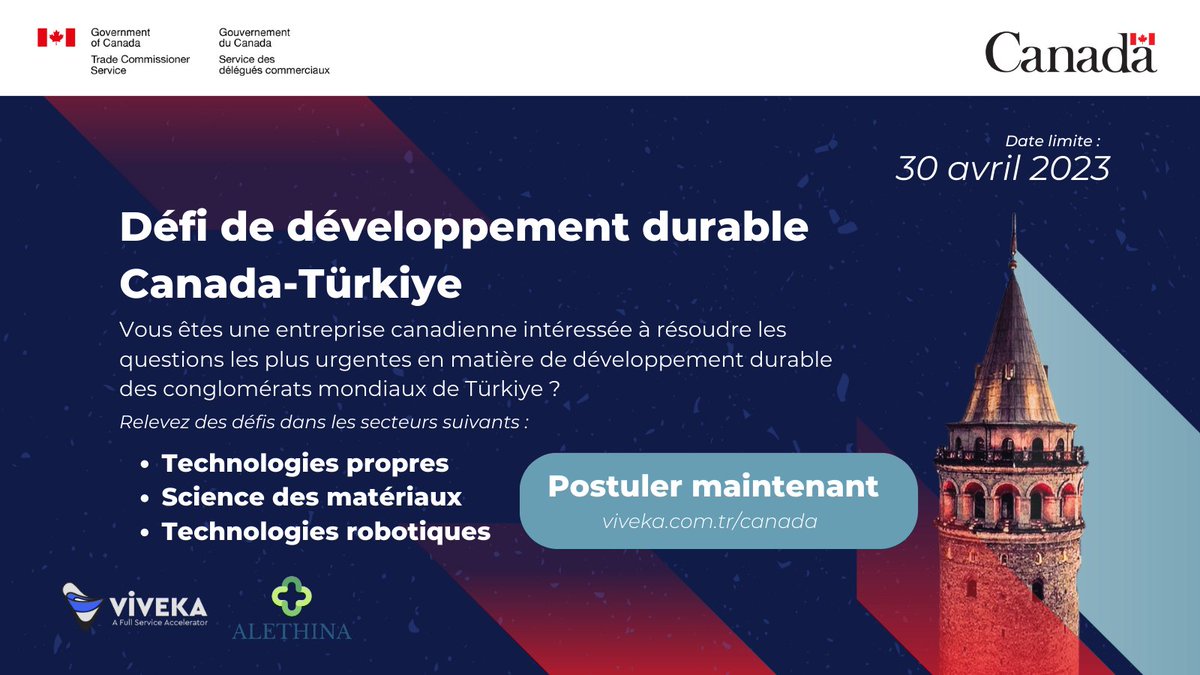Vous êtes une entreprise canadienne innovante et à fort potentiel?

Avez-vous une solution pour aider les entreprises turques à réduire leur empreinte environnementale ?

Postulez dès maintenant au Défi de développement durable Canada-Türkiye  !

 viveka.com.tr/canada