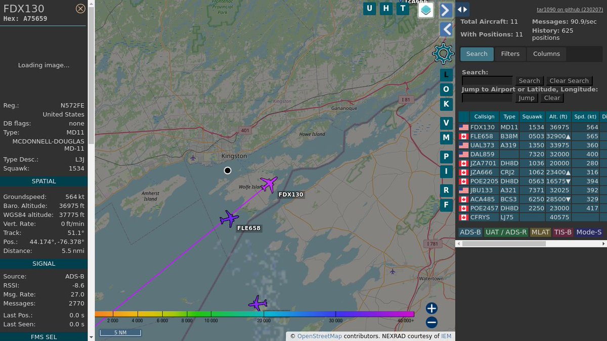 #FDX130 N572FE MD-11 ERF FedEx Express @ 36975 ft and 45.6° frm hrzn, heading NE @ 1012.5km/h 07:19:29 globe.adsbexchange.com/?icao=A75659 #WayTheHeckUpThere #FlyingFast #OverKingston #dump1090 #ADSB