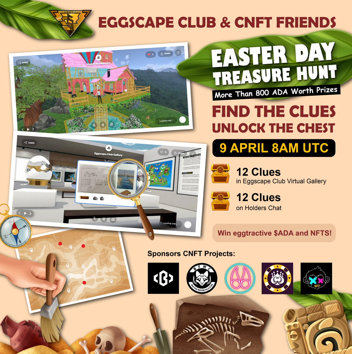 Eggscape $BOK (@eggscapeclub) on Twitter photo Easter Day Treasure Hunt with more than 800 $ADA worth prizes $ADA #NFT $EZY $HEXO
9 April 10AM UTC
<a href="/eggscapeclub/">Eggscape $BOK</a> holders and lucky holders from sponsored #CNFTProject
@The_Block_Group
<a href="/BadFoxMC/">Bad Fox Motorcycle Club</a>
<a href="/BlurryKits/">Blurry Kits Lounge</a>
<a href="/CardanoCasino/">π Cardano Casino π°πππ</a>
<a href="/MadMonkeysINC/">Mad Monkeys INC π€π</a>
Look forward for great fun! Easter Day Treasure Hunt with more than 800 $ADA worth prizes $ADA #NFT $EZY $HEXO
9 April 10AM UTC
<a href="/eggscapeclub/">Eggscape $BOK</a> holders and lucky holders from sponsored #CNFTProject
@The_Block_Group
<a href="/BadFoxMC/">Bad Fox Motorcycle Club</a>
<a href="/BlurryKits/">Blurry Kits Lounge</a>
<a href="/CardanoCasino/">π Cardano Casino π°πππ</a>
<a href="/MadMonkeysINC/">Mad Monkeys INC π€π</a>
Look forward for great fun!