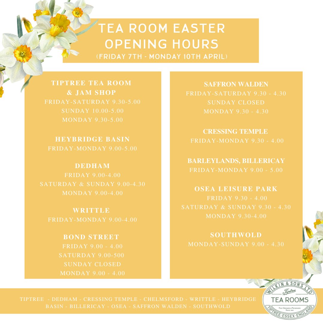 Easter opening hours for the Tiptree Tea Rooms 🐤