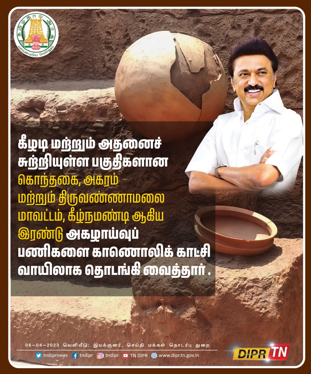 mkstalin's tweet photo. நம் தாய்மடியாம் கீழடியில் 9-ஆம் கட்ட அகழாய்வுப் பணிகள் உள்ளிட்ட 8 இடங்களில் அகழாய்வுப் பணிகளைத் தொடங்கி வைத்து, அண்மையில் திறந்துவைக்கப்பட்ட கீழடி அருங்காட்சியகத்துக்கான AR  app-ஐயும் வெளியிட்டேன்.

நம் தொடர் முயற்சிகள் தமிழர் நாகரிகத்தின் தொன்மையை உலகுக்கு எடுத்துரைக்கும்! https://t.co/GOWIT0iwdy