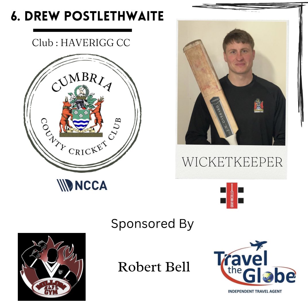 ⬇️ Player - Drew Postlethwaite ⬇️

Role - WK / Batter
Club - <a href="/Haverigg_CC/">Haverigg CC</a> 

Kindly sponsored by MRLFC Gym, Robert Bell and Travel The Globe for the 2023 Season