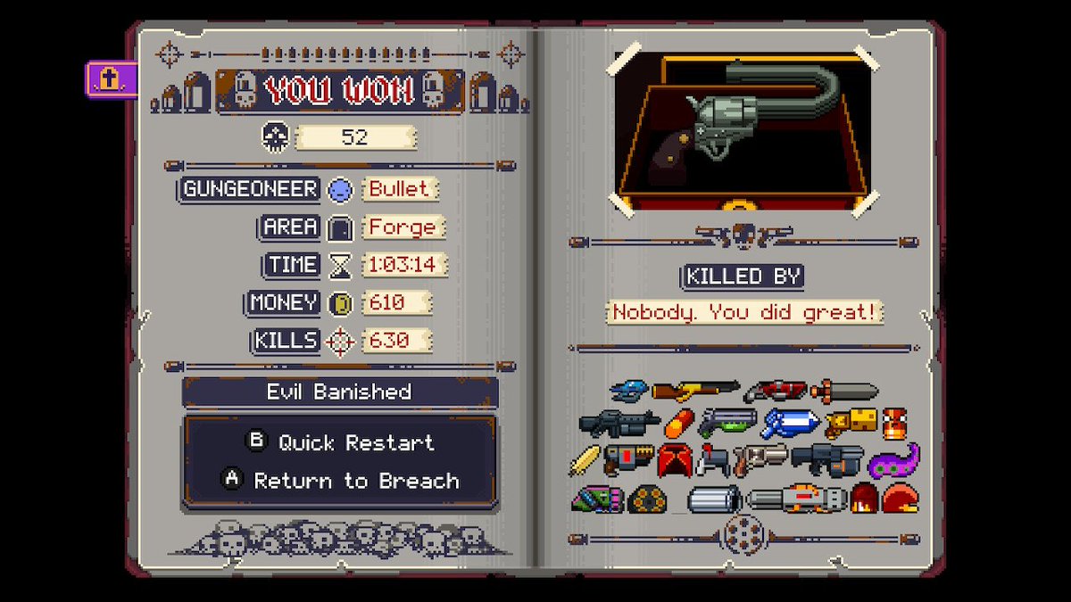 Prajutama's tweet photo. @DodgeRollGames thank you for this game. Bought this on 1st day release on Nintendo Switch. Took me 230+ hours, 52 dead, and countless quick restart to completed it. It's was so much fun. #EnterTheGungeon https://t.co/ZRVLZDcNtj