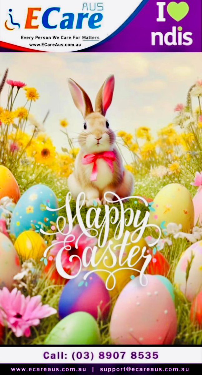 'Happy Easter from the @Ecare_Aus family! 
#HappyEaster #NDIS #ecareaus #ndisregisteredprovider #CompassionateCare #EasterBlessings #ndissupport #RespiteCareServices #easterweekend #easter2023 #australia