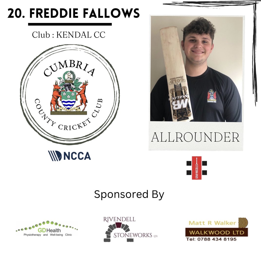 ⬇️ Player Profile - Freddie Fallows⬇️

Role - Batter / SLA
Club - <a href="/kendalcricket/">Kendal Cricket Club</a> / <a href="/DurhamUniCC/">Durham University Cricket Club</a> 

Kindly sponsored by GD Health Physiotherapy &amp; Well-being, <a href="/RivendellStone1/">Giles Mawdsley-Rivendell Stoneworks</a> and Matt R Walker for the 2023 Season