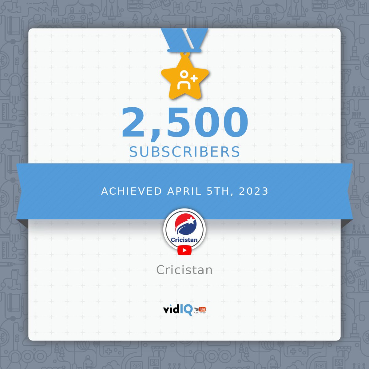 My YouTube channel achieved 2,500 subscribers on April 05, 2023! Track and celebrate your own success today for free with <a href="/vidIQ/">vidIQ</a>