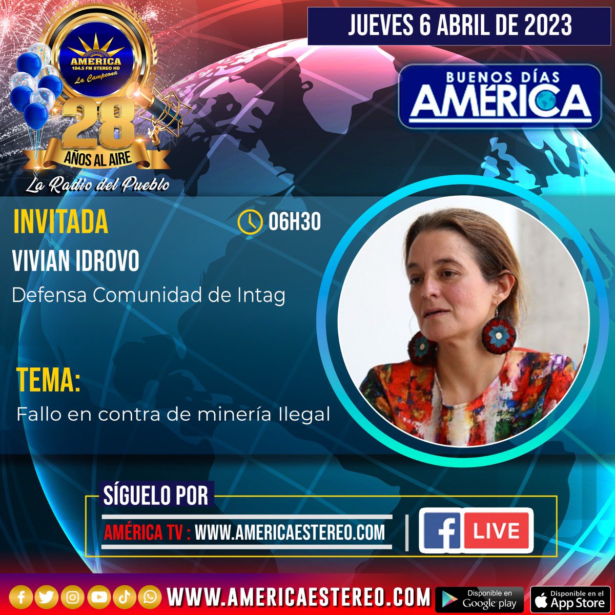 📌En Minutos, <a href="/VivianIdrovo/">Vivian Idrovo Mora</a> ,Defensa Comunidad de Intag <a href="/DDHH_Alianza/">Alianza de Organizaciones por los Derechos Humanos</a> en #BuenosDíasAmérica para hablar “Fallo en contra de minería ilegal” 
⏰06H30
📻 104.5 FM 
🌐americaestereo.com
FB: bit.ly/3maJLnQ
🔻
<a href="/OnaJorge/">Jorge Washington Ñacato Oña</a>
<a href="/RamiroDiaz64/">Ramiro Díaz Galarza</a> 
<a href="/GaloWEnriquez1/">Galo W. Enriquez E.Mag.</a>