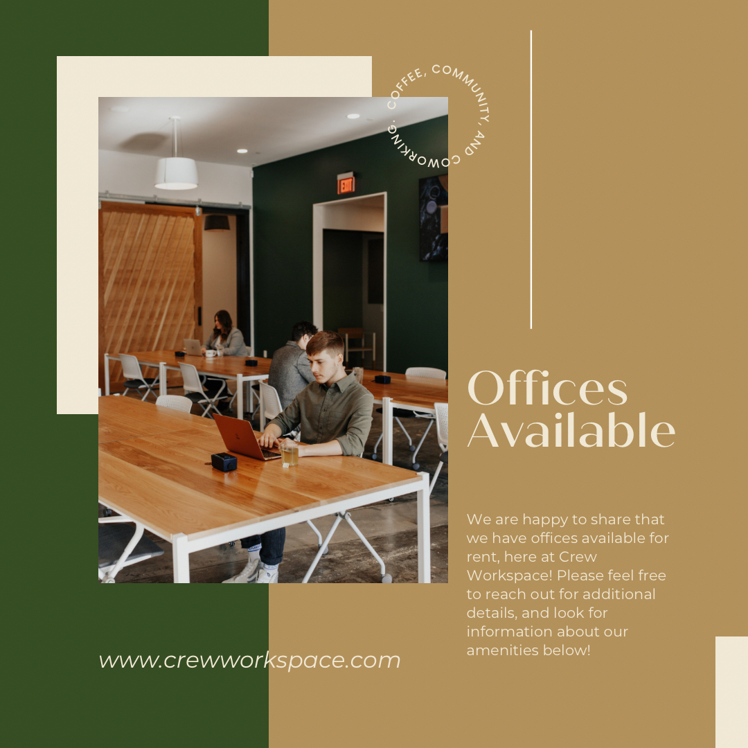 CrewWorkspace's tweet image. Along with spring we are hoping to welcome a few new members to our Coworking space! We are happy to share that two of our 11.5x 11.5 offices are available for rent. These offices comfortably fit up to three desks which are provided, as well as all the amenities available to memb