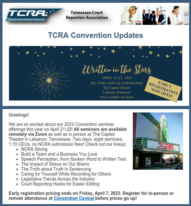 Have you registered for convention yet?  Tomorrow, April 7, 2023, is the last day for Early Registration rates.  Prices go up on April 8.  Register today for Virtual or In-Person options!  tinyurl.com/3pvf7jzh