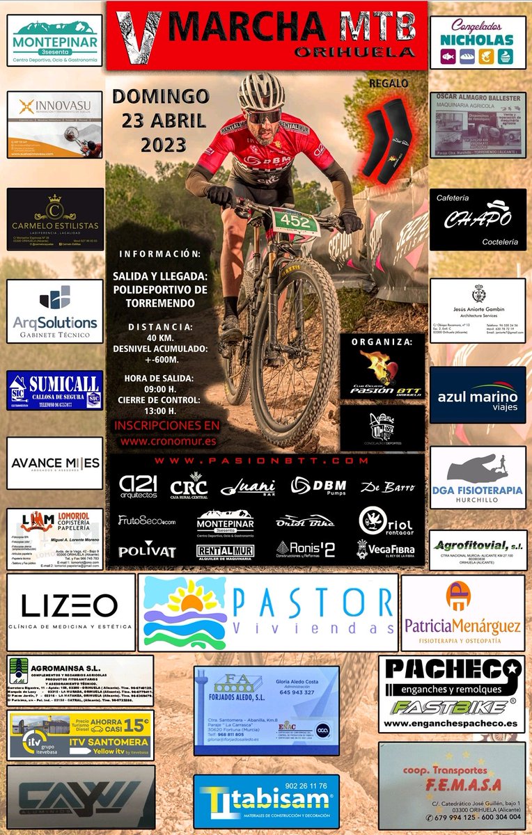 🏁 Ya tenemos el cartel con todos nuestros colaboradores y patrocinadores!!! 🏁
Queda ya muy poquito🤏🏻 para vernos todos en nuestra V MARCHA MTB ORIHUELA 🚴
♥️Solo nos queda agradeceros  a todos vuestra implicación, que es parte fundamental  en esto!!!
cronomur.es/Event/signin.d…
