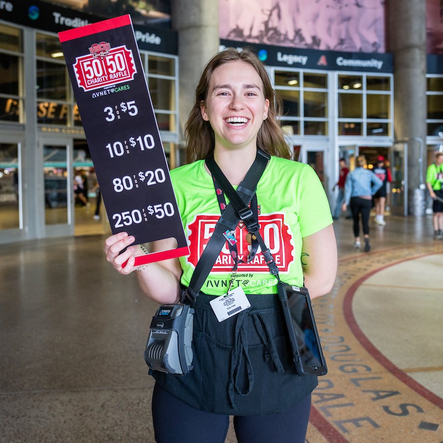 Dbacks's tweet photo. SURPRISE! In celebration of Opening Day, the #DbacksGiveBack 50/50 Raffle, supported by Avnet Cares, is LIVE NOW at https://t.co/lhVVY34xe4!

And here's a fun fact for you: just $𝟐𝟎 in raffle tickets buys 1 jersey for a kid in our Youth Jersey Program. ❤️ https://t.co/ckUzP0y1Dl