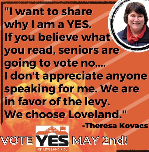 LovelandSuppor1's tweet photo. Thank you to Theresa Kovacs, Loveland resident since 1999, for sharing why she is a YES for Loveland Schools on May 2nd!  Listen to Theresa’s entire comments here: https://t.co/BAaIZs7NRA

Vote YES on May 2nd for Loveland Schools!  #beLOVEland #lovelandsupportsloveland https://t.co/XeVQKI2Tt1