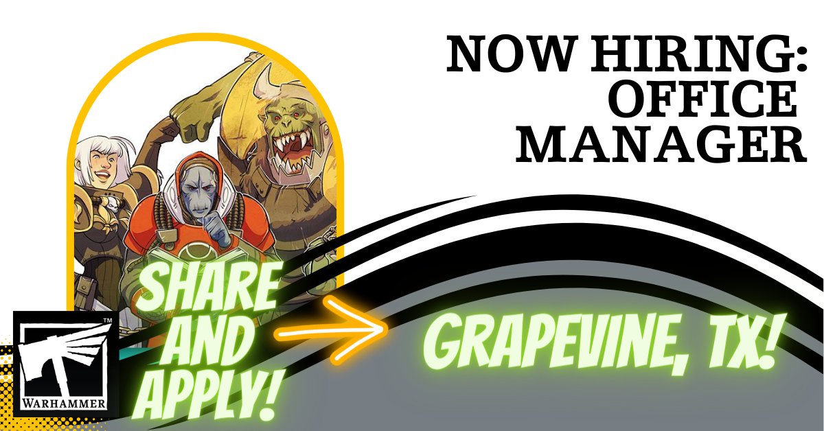 WarhammerJobs's tweet photo. An extremely rare opportunity has popped up to come work with our retail HQ team! This is an IN OFFICE job (not remote/hybrid) in Grapevine, TX. Check out the details here: https://t.co/hfAOtpXb8c #warhammer #WarhammerCommunity https://t.co/SL9F3vRtUM