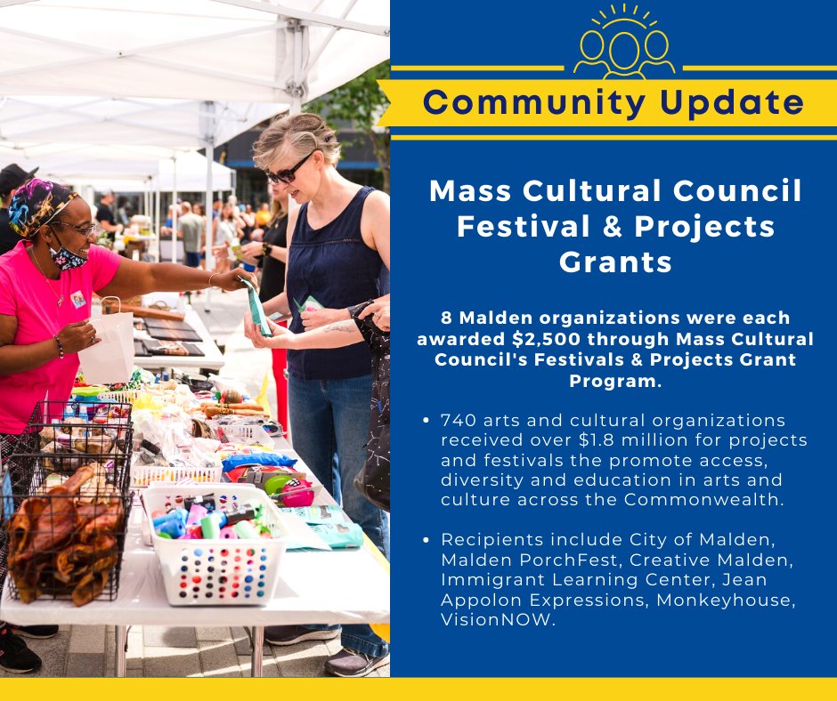 Congratulations to all the Malden organizations that received a Festivals & Projects grant from @MassCultural! Each $2,500 grant will go towards making arts and culture experiences more accessible for everyone in our community #PowerofCulture