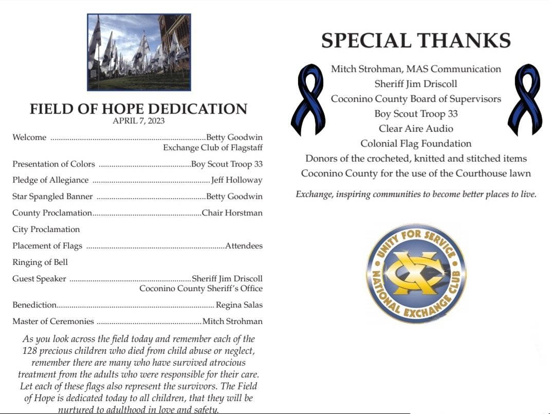 ReginaCSalas's tweet photo. Last year, 128 children died from abuse or neglect in Arizona - astonishing increase from 95 in the previous year!

Each flag in The Field of Hope remembers a child. Dedication  ceremony tomorrow April 7 5:15 pm 
#FieldofHope #EndChildAbuse
#UnityforService #FlagstaffExchangeClub https://t.co/q3qFWut4ao