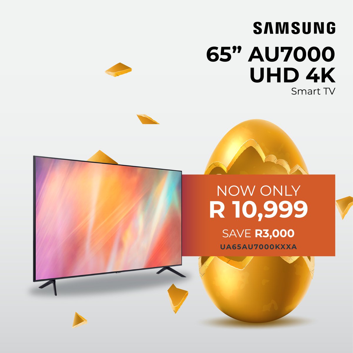 expertstores_sa's tweet photo. 🐰SAVE R3 000 on the @SamsungSA 65” AU7000 UHD 4K Smart TV!
Open up your smart 4K experience!
🥚Get yours here: https://t.co/uWS6AlsYd5
#CrackingGoodDeals #ExpertSA #Easter #Samsung
E&OE | Subject to availability | T&Cs apply | Limited time only. https://t.co/KXQu198XtA