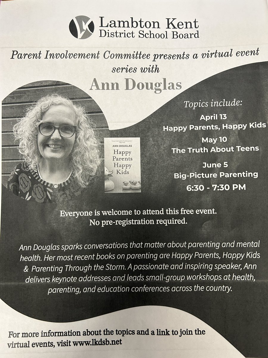 The LKDSB Parent Involvement Committee presents a virtual event series with Ann Douglas. Everyone is welcome to attend this free event.