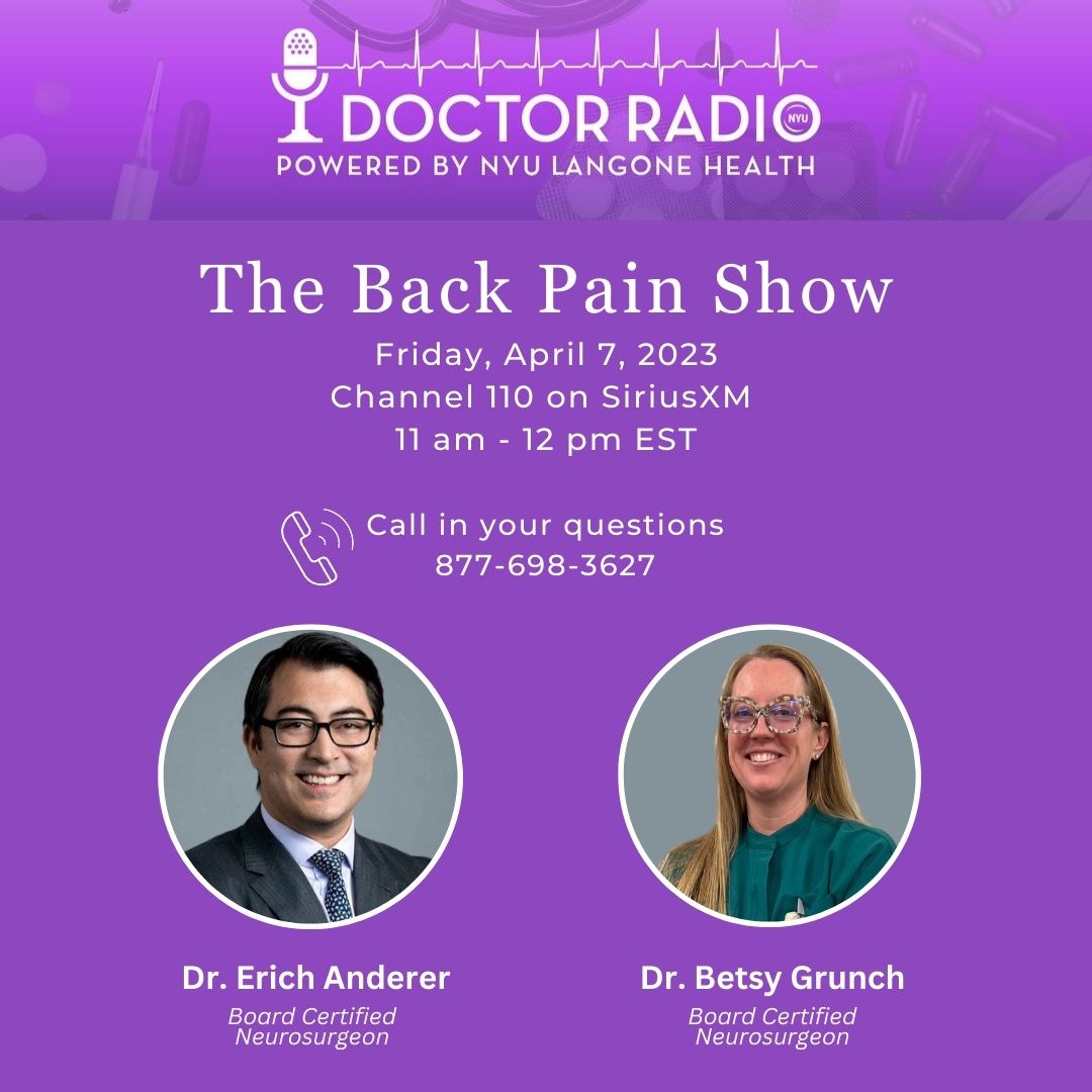 🎙️Tune into SiriusXM’s Doctor Radio - Channel 110 - tomorrow from 11 am - 12 pm EST to hear all things back pain. 📞 You can call in with your questions for Dr. Anderer or myself, too! @NYUDocs 

#backpain #neurosurgery #doctorradio #doctalk #spinehealth