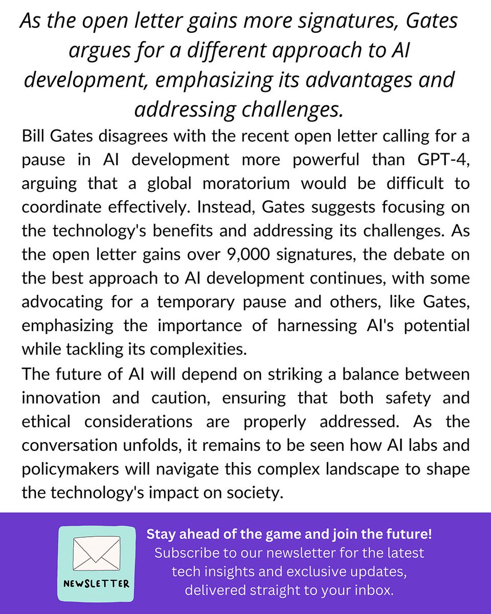 🚀 Bill Gates opposes AI development pause 🤖, focusing on tech benefits & tackling challenges instead. Open letter signatures cross 9k! Debate on AI's future continues. 🔥 #BillGates #AIdevelopment #GPT4 #AIdebate #InnovationAndCaution #DigitalDuds 🌟