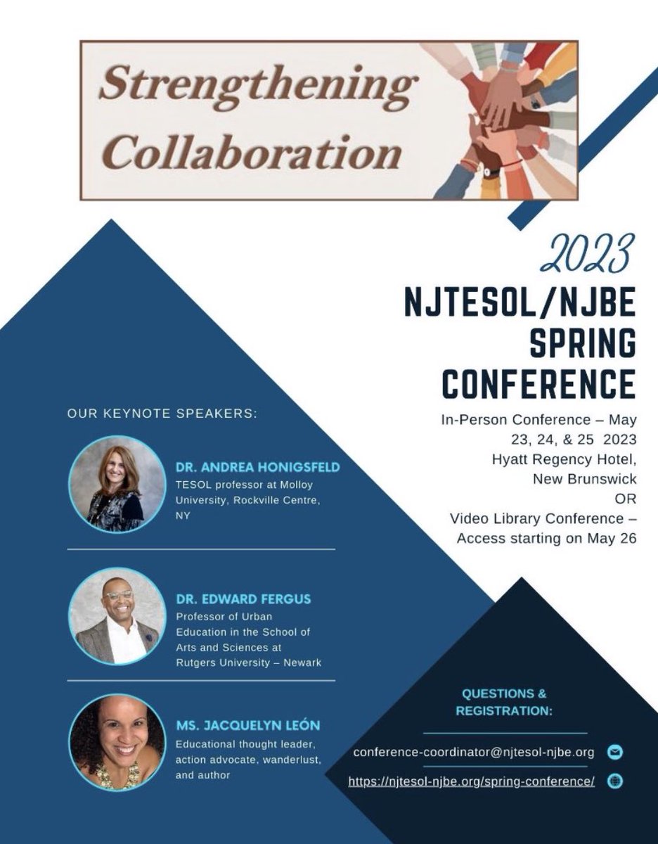 NJTESOL_NJBE's tweet photo. 🌼Join us for the 2023 NJTESOL/NJBE Spring Conference!🌸Registration closes May 1st or when capacity is reached! Here’s the link to register and check the preliminary schedule: https://t.co/sxdeoN3NWn… @NJEA @NYSTESOL @PennTESOLEast @TESOL_Assn @NYSABE @NABEorg #mllchat https://t.co/uPfXulksHF