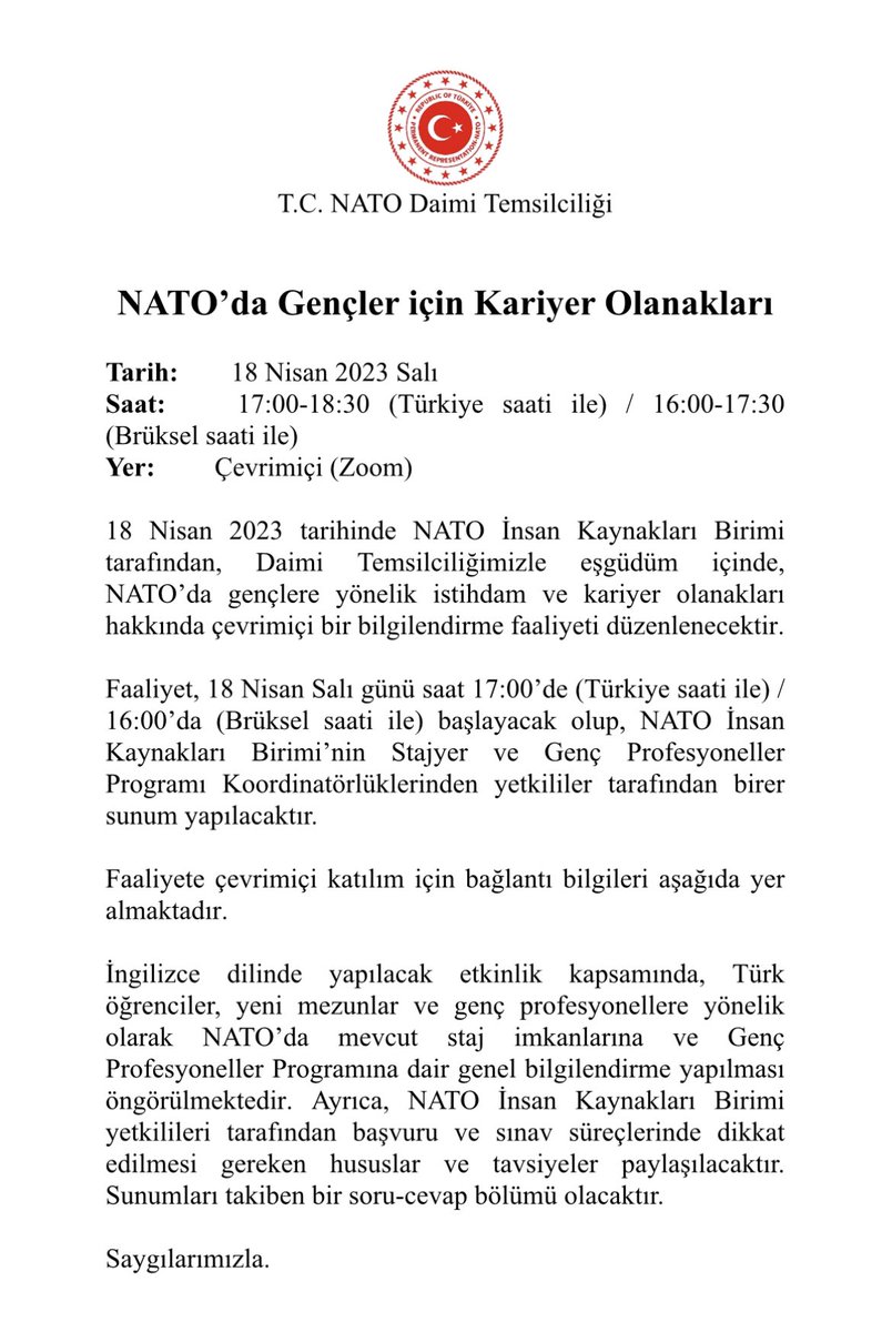 📢 1⃣ #NATO'da staj ve/veya kariyer yapmayı hedefleyen öğrencilerimize ve yeni mezunlarımıza yönelik olarak 18 Nisan'da düzenleyeceğimiz çevrimiçi faaliyete dair duyurumuz ⬇️