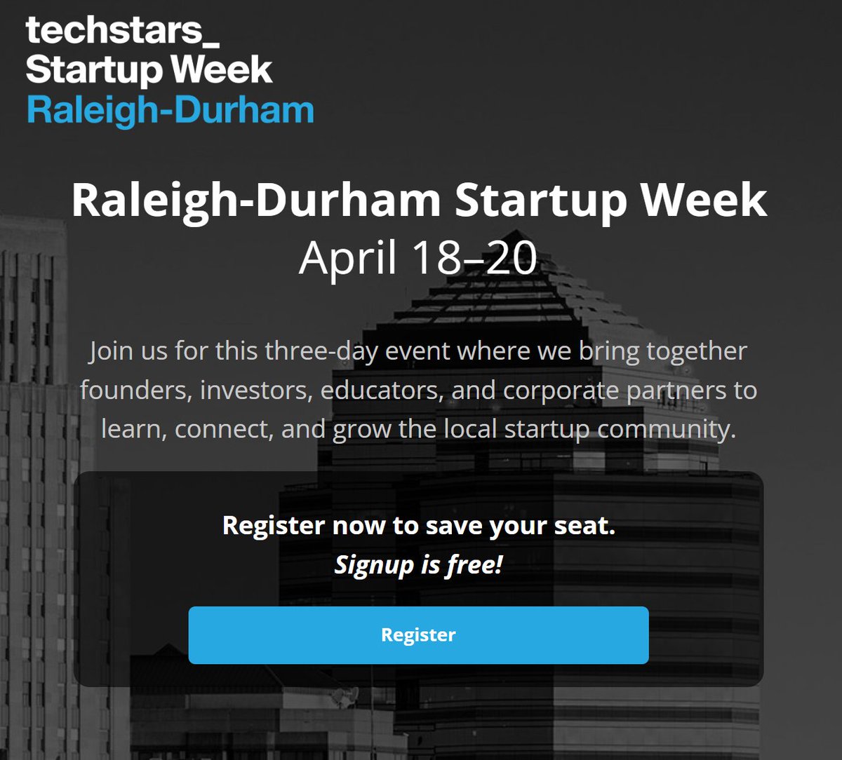 Raleigh-Durham Startup Week - April 18–20

This three-day event is where founders, investors, educators, and corporate partners come together to learn, connect, and grow the local startup community.

Learn more here. raleighdurhamstartupweek.com